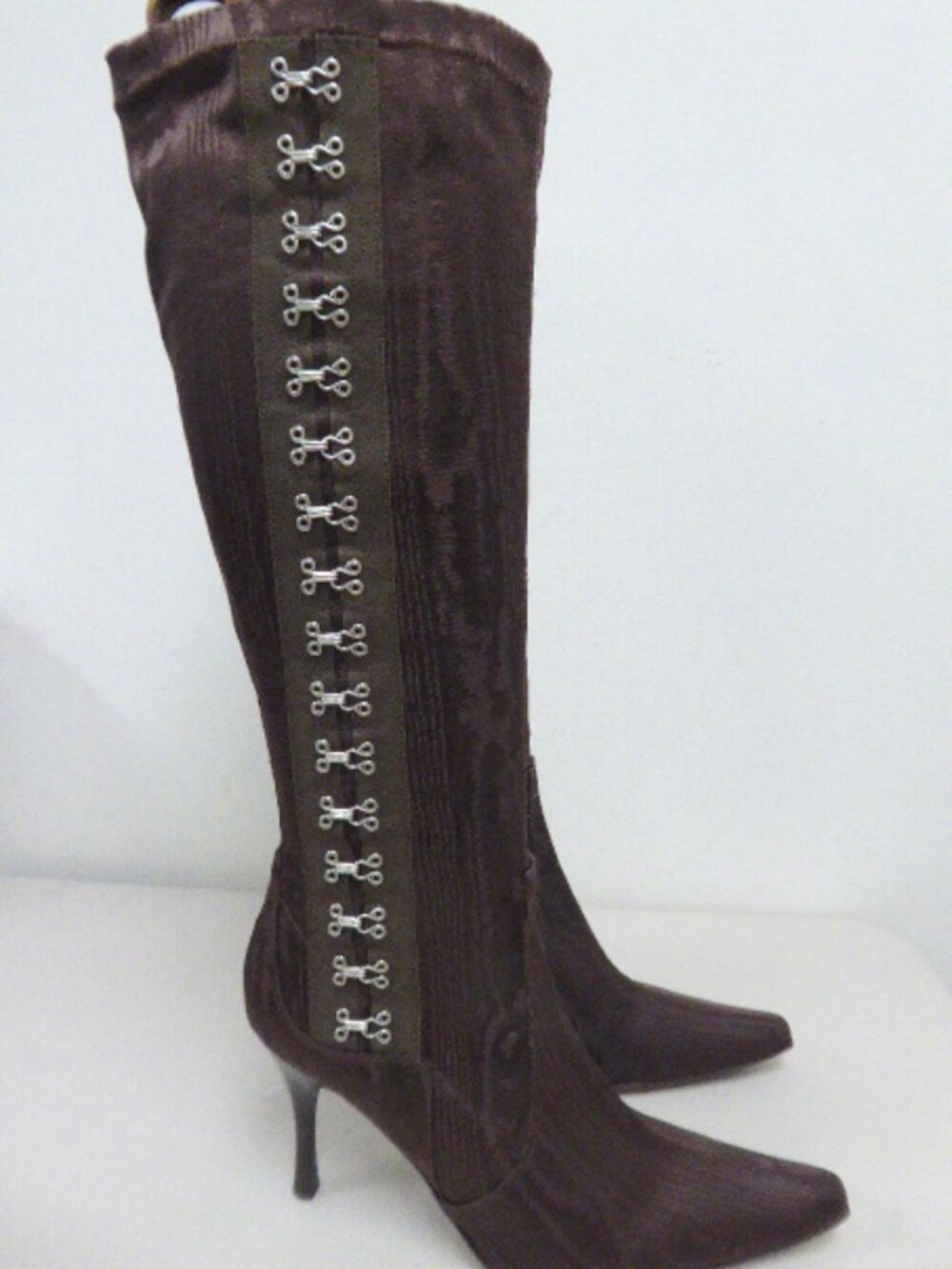 NEW DONALD PLINER high stilleto heels CORSET stretch brown knee high Boots 9